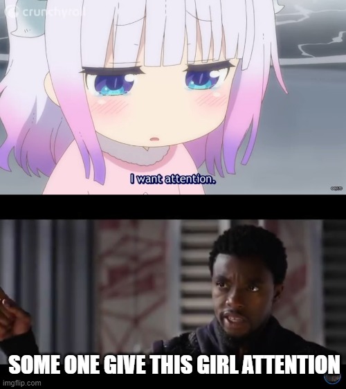 Give it to her now | SOME ONE GIVE THIS GIRL ATTENTION | image tagged in black panther - get this man a shield | made w/ Imgflip meme maker