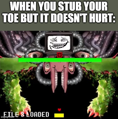 0 damage | WHEN YOU STUB YOUR TOE BUT IT DOESN'T HURT: | image tagged in omega flowey troll face | made w/ Imgflip meme maker