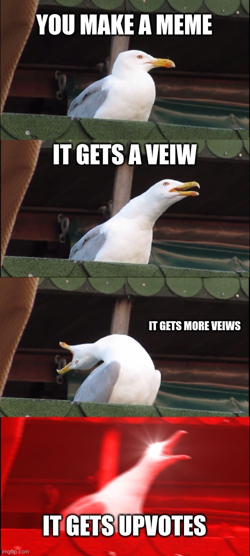 Inhaling Seagull Meme | YOU MAKE A MEME; IT GETS A VEIW; IT GETS MORE VEIWS; IT GETS UPVOTES | image tagged in memes,inhaling seagull,birb,yelling,why are you reading this,stop reading the tags | made w/ Imgflip meme maker