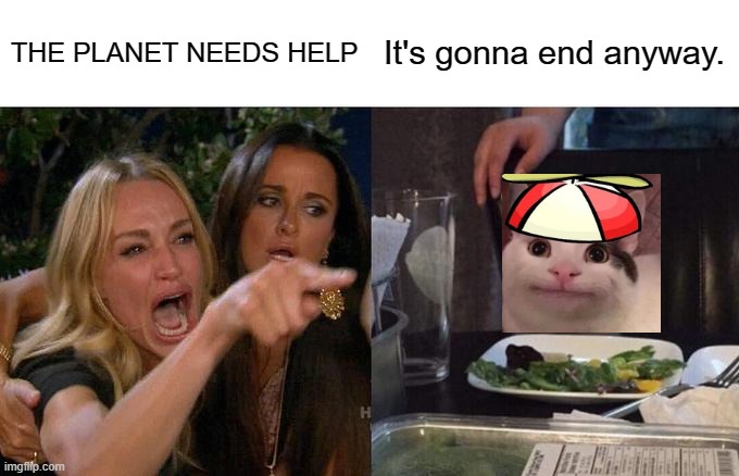 Begula | THE PLANET NEEDS HELP; It's gonna end anyway. | image tagged in memes,woman yelling at cat | made w/ Imgflip meme maker