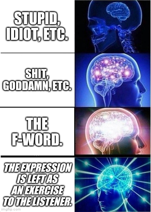 The levels of swearing | STUPID, IDIOT, ETC. SHIT, GODDAMN, ETC. THE F-WORD. THE EXPRESSION IS LEFT AS AN EXERCISE TO THE LISTENER. | image tagged in memes,expanding brain | made w/ Imgflip meme maker