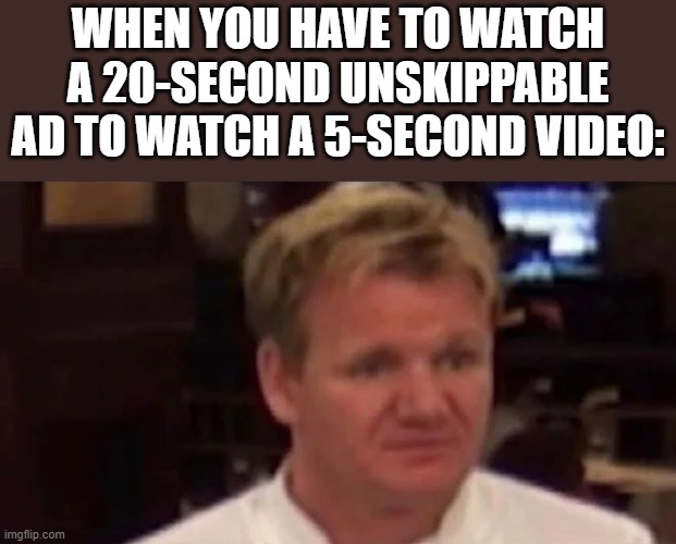 why youtube | WHEN YOU HAVE TO WATCH A 20-SECOND UNSKIPPABLE AD TO WATCH A 5-SECOND VIDEO: | image tagged in disgusted gordon ramsay | made w/ Imgflip meme maker