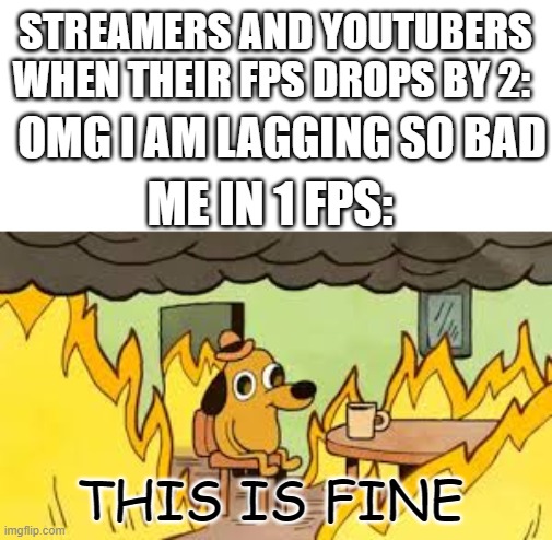 so true | STREAMERS AND YOUTUBERS WHEN THEIR FPS DROPS BY 2:; OMG I AM LAGGING SO BAD; ME IN 1 FPS:; THIS IS FINE | image tagged in evrything is fine | made w/ Imgflip meme maker