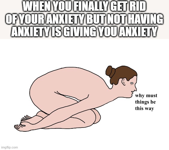 He He He Haw | WHEN YOU FINALLY GET RID OF YOUR ANXIETY BUT NOT HAVING ANXIETY IS GIVING YOU ANXIETY | image tagged in why must things be this way,he,hee,heee,haw | made w/ Imgflip meme maker