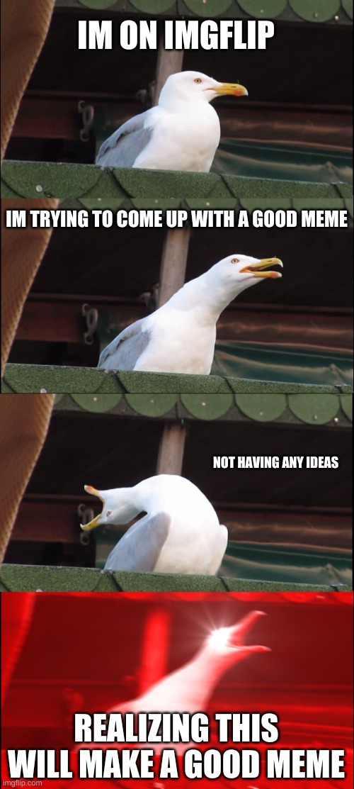 me trying to meme be like: | IM ON IMGFLIP; IM TRYING TO COME UP WITH A GOOD MEME; NOT HAVING ANY IDEAS; REALIZING THIS WILL MAKE A GOOD MEME | image tagged in memes,inhaling seagull,relatable | made w/ Imgflip meme maker