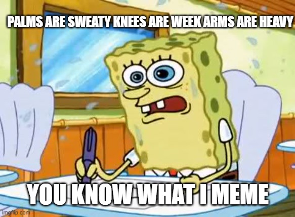 Shout out all the people on imgflip that has the courage to make their own memes | PALMS ARE SWEATY KNEES ARE WEEK ARMS ARE HEAVY; YOU KNOW WHAT I MEME | image tagged in memes,funny,funny memes,spongebob | made w/ Imgflip meme maker