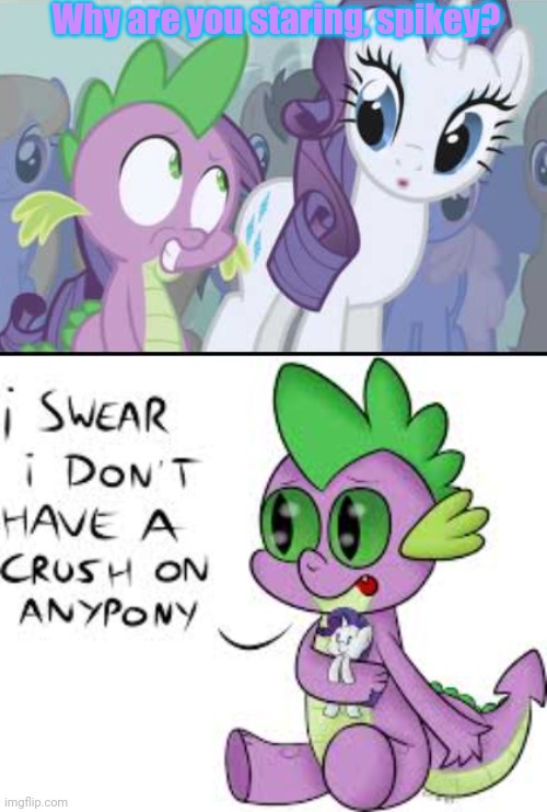 Spike problems | Why are you staring, spikey? | image tagged in my little pony,spike,rarity,unrequited love | made w/ Imgflip meme maker