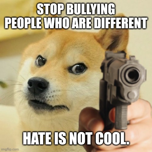 Doge holding a gun | STOP BULLYING PEOPLE WHO ARE DIFFERENT; HATE IS NOT COOL. | image tagged in doge holding a gun | made w/ Imgflip meme maker