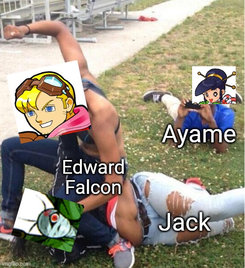 Edward Falcon beat Jack up | Ayame; Edward Falcon; Jack | image tagged in guy recording a fight,fight,capcom | made w/ Imgflip meme maker