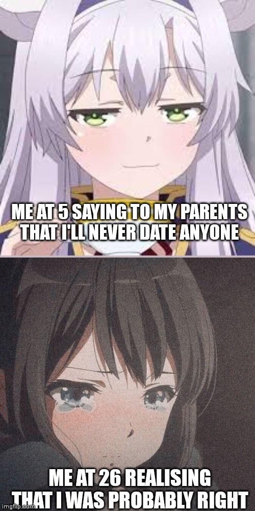 ME AT 5 SAYING TO MY PARENTS THAT I'LL NEVER DATE ANYONE; ME AT 26 REALISING THAT I WAS PROBABLY RIGHT | image tagged in smug anime face | made w/ Imgflip meme maker