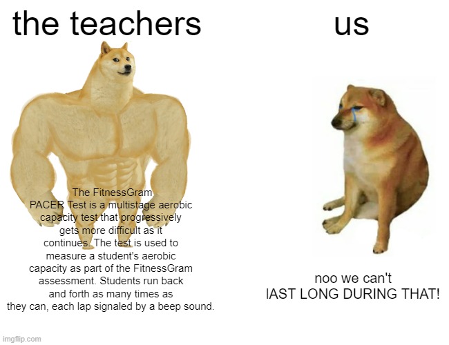 Buff Doge vs. Cheems Meme |  the teachers; us; The FitnessGram PACER Test is a multistage aerobic capacity test that progressively gets more difficult as it continues. The test is used to measure a student's aerobic capacity as part of the FitnessGram assessment. Students run back and forth as many times as they can, each lap signaled by a beep sound. noo we can't lAST LONG DURING THAT! | image tagged in memes,buff doge vs cheems,fitness,fitness quote,test,why are you reading this | made w/ Imgflip meme maker