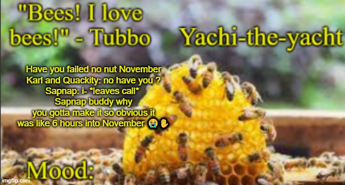 Yachi's bees temp | Have you failed no nut November
Karl and Quackity: no have you ?
Sapnap: i- *leaves call* 
Sapnap buddy why you gotta make it so obvious it was like 6 hours into November 😭✋ | image tagged in yachi's bees temp | made w/ Imgflip meme maker
