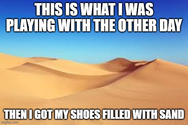 sand | THIS IS WHAT I WAS PLAYING WITH THE OTHER DAY; THEN I GOT MY SHOES FILLED WITH SAND | image tagged in sand | made w/ Imgflip meme maker