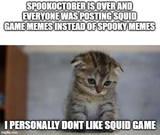 squid game is overated like if you agree | SPOOKOCTOBER IS OVER AND EVERYONE WAS POSTING SQUID GAME MEMES INSTEAD OF SPOOKY MEMES; I PERSONALLY DONT LIKE SQUID GAME | image tagged in sad kitten | made w/ Imgflip meme maker