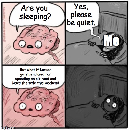 Now THAT'S a scary thought... | Yes, please be quiet. Are you 
sleeping? Me; But what if Larson gets penalized for speeding on pit road and loses the title this weekend | image tagged in brain before sleep,sports,nascar,motorsport,cars,racing | made w/ Imgflip meme maker