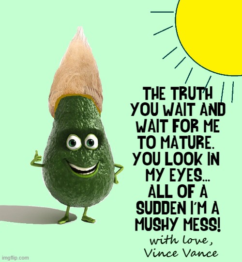 Sadly Guacamole by Vince Vance | THE TRUTH:
YOU WAIT AND
WAIT FOR ME
TO MATURE. 
YOU LOOK IN 
MY EYES...
 ALL OF A 
SUDDEN I'M A
MUSHY MESS! with love,
Vince Vance | image tagged in vince vance,avocado,mature,immature,memes,guacamole | made w/ Imgflip meme maker
