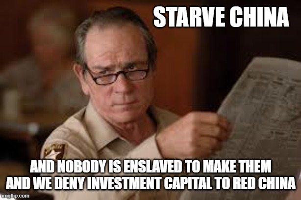 no country for old men tommy lee jones | STARVE CHINA AND NOBODY IS ENSLAVED TO MAKE THEM AND WE DENY INVESTMENT CAPITAL TO RED CHINA | image tagged in no country for old men tommy lee jones | made w/ Imgflip meme maker