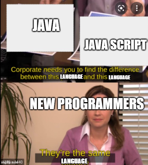 New Programmers be like: |  JAVA; JAVA SCRIPT; LANGUAGE; LANGUAGE; NEW PROGRAMMERS; LANGUAGE | image tagged in tell me the difference,programming,java,javascript,pc | made w/ Imgflip meme maker
