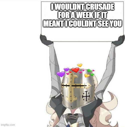 my protest sign for this stream | I WOULDNT CRUSADE FOR A WEEK IF IT MEANT I COULDNT SEE YOU | image tagged in crusader,anime meme,wholesome | made w/ Imgflip meme maker