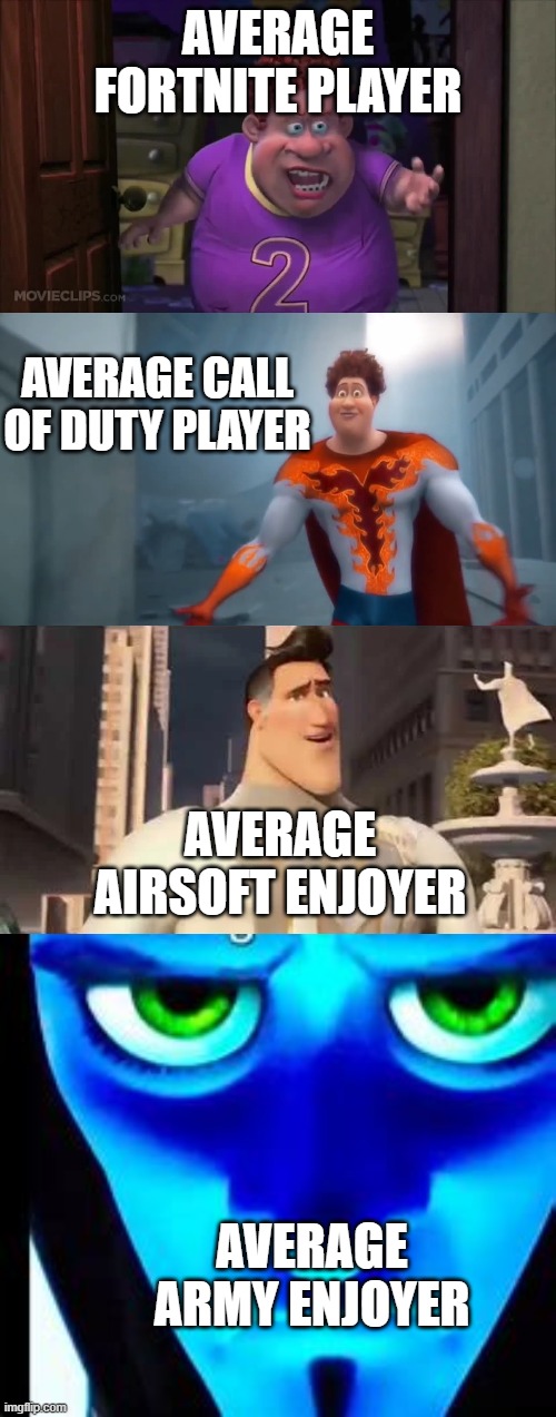 AVERAGE FORTNITE PLAYER; AVERAGE CALL OF DUTY PLAYER; AVERAGE AIRSOFT ENJOYER; AVERAGE ARMY ENJOYER | image tagged in snotty boy glow-up,long meme,call of duty,fortnite,airsoft,army | made w/ Imgflip meme maker