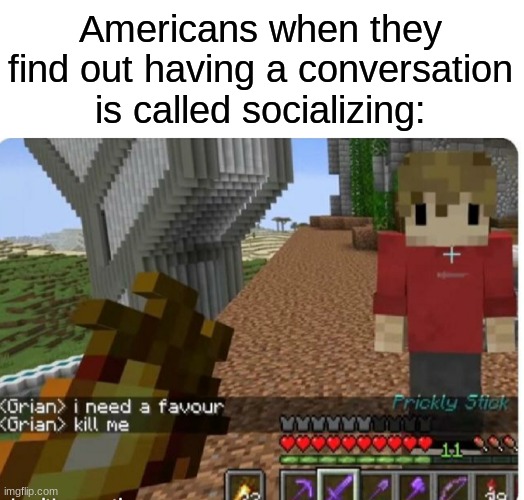 Please don't get political in the comments ffs | Americans when they find out having a conversation is called socializing: | image tagged in blank white template,grian kill me,i need a favour kill me | made w/ Imgflip meme maker