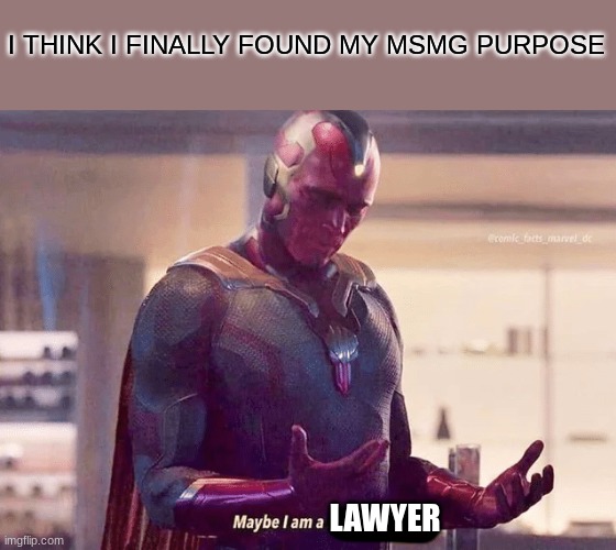 Maybe i am a monster blank | I THINK I FINALLY FOUND MY MSMG PURPOSE; LAWYER | image tagged in maybe i am a monster blank | made w/ Imgflip meme maker