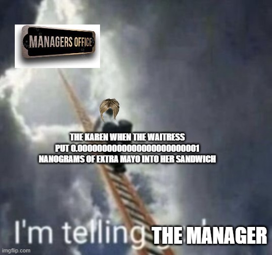 Im TeLliNg ThE MaNaGeR | THE KAREN WHEN THE WAITRESS PUT 0.0000000000000000000000001 NANOGRAMS OF EXTRA MAYO INTO HER SANDWICH; THE MANAGER | image tagged in im telling god | made w/ Imgflip meme maker