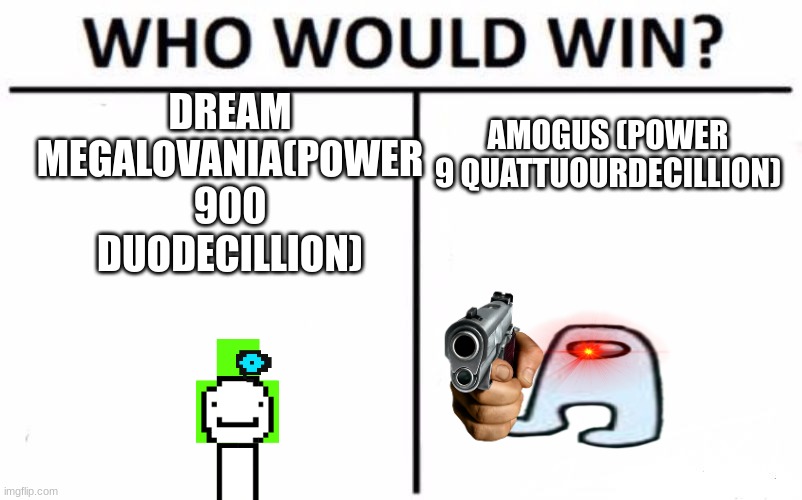 Who Would Win? Meme | DREAM MEGALOVANIA(POWER 900 DUODECILLION); AMOGUS (POWER 9 QUATTUOURDECILLION) | image tagged in memes,who would win | made w/ Imgflip meme maker