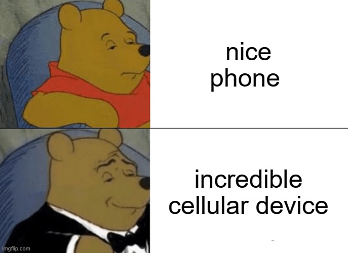 The old me VS The new me | nice phone; incredible cellular device | image tagged in memes,tuxedo winnie the pooh | made w/ Imgflip meme maker
