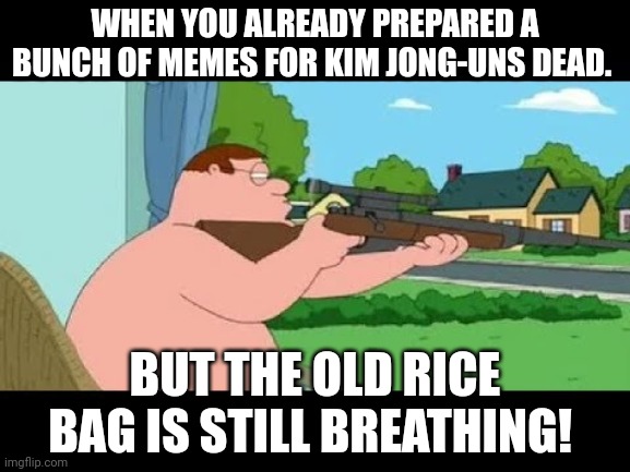 Kim Jong-Un should die | WHEN YOU ALREADY PREPARED A BUNCH OF MEMES FOR KIM JONG-UNS DEAD. BUT THE OLD RICE BAG IS STILL BREATHING! | image tagged in kim jong un | made w/ Imgflip meme maker