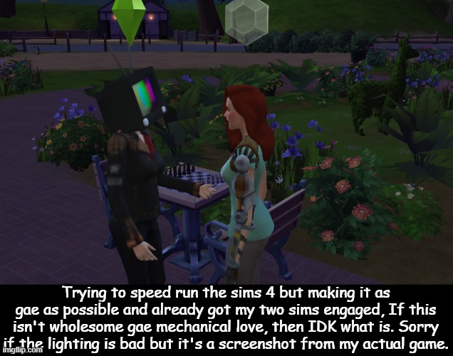 Yup, one's a TV Head and the other a cyborg. Both are lesbian. So yea- | Trying to speed run the sims 4 but making it as gae as possible and already got my two sims engaged, If this isn't wholesome gae mechanical love, then IDK what is. Sorry if the lighting is bad but it's a screenshot from my actual game. | made w/ Imgflip meme maker