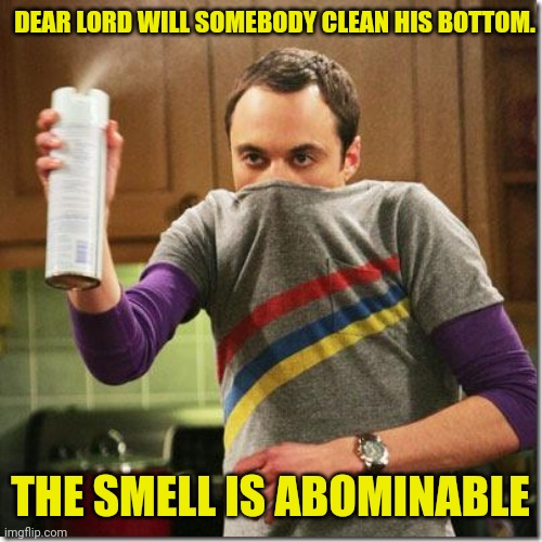 air freshener sheldon cooper | DEAR LORD WILL SOMEBODY CLEAN HIS BOTTOM. THE SMELL IS ABOMINABLE | image tagged in air freshener sheldon cooper | made w/ Imgflip meme maker