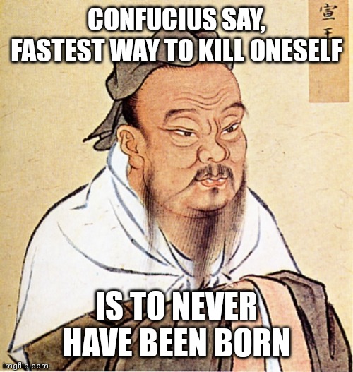 I never asked to be born | CONFUCIUS SAY, FASTEST WAY TO KILL ONESELF; IS TO NEVER HAVE BEEN BORN | image tagged in confucius says | made w/ Imgflip meme maker