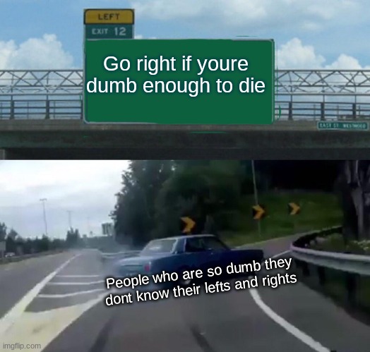 dumb | Go right if youre dumb enough to die; People who are so dumb they dont know their lefts and rights | image tagged in memes,left exit 12 off ramp,lol,funny,bruh | made w/ Imgflip meme maker