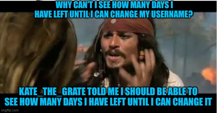 Is it because I’m on an iPad or something? | WHY CAN’T I SEE HOW MANY DAYS I HAVE LEFT UNTIL I CAN CHANGE MY USERNAME? KATE_THE_GRATE TOLD ME I SHOULD BE ABLE TO SEE HOW MANY DAYS I HAVE LEFT UNTIL I CAN CHANGE IT | image tagged in memes,why is the rum gone | made w/ Imgflip meme maker