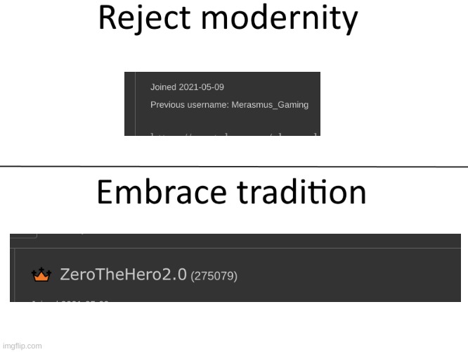 Reject modernity, Embrace tradition | image tagged in reject modernity embrace tradition | made w/ Imgflip meme maker