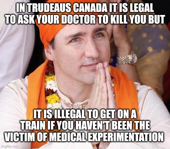 Two canadas | IN TRUDEAUS CANADA IT IS LEGAL TO ASK YOUR DOCTOR TO KILL YOU BUT; IT IS ILLEGAL TO GET ON A TRAIN IF YOU HAVEN'T BEEN THE VICTIM OF MEDICAL EXPERIMENTATION | image tagged in pm of canada justin trudeau | made w/ Imgflip meme maker