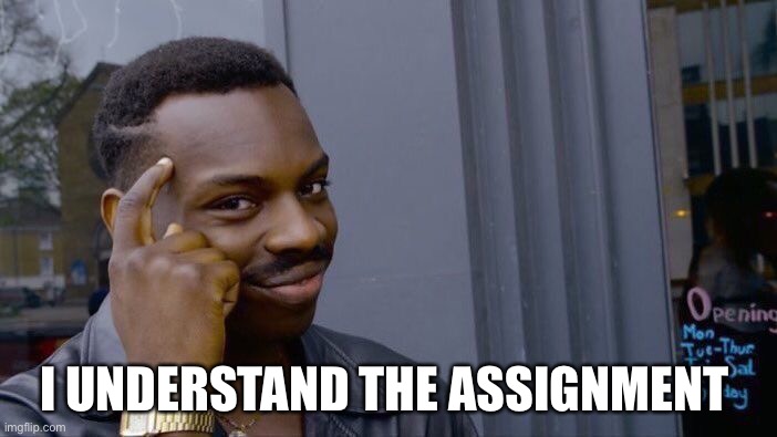 I understand the assignment | I UNDERSTAND THE ASSIGNMENT | image tagged in memes,roll safe think about it,understand | made w/ Imgflip meme maker