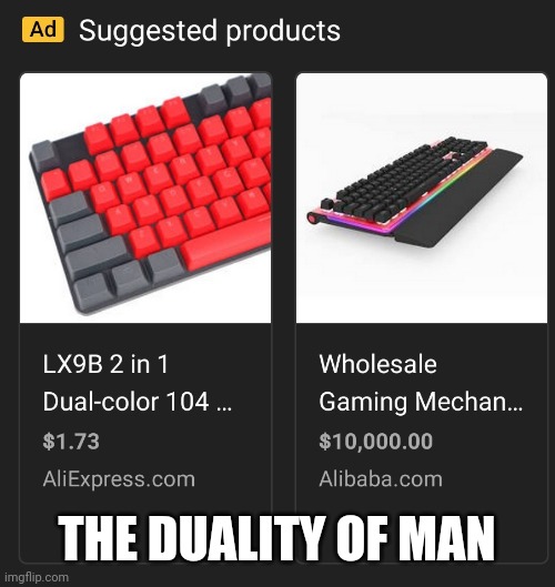 keyboard | THE DUALITY OF MAN | image tagged in keyboard,memes | made w/ Imgflip meme maker