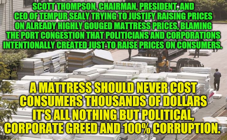 Mattress Brigade | SCOTT THOMPSON, CHAIRMAN, PRESIDENT, AND CEO OF TEMPUR SEALY TRYING TO JUSTIFY RAISING PRICES ON ALREADY HIGHLY GOUGED MATTRESS PRICES, BLAMING THE PORT CONGESTION THAT POLITICIANS AND CORPORATIONS INTENTIONALLY CREATED JUST TO RAISE PRICES ON CONSUMERS. A MATTRESS SHOULD NEVER COST CONSUMERS THOUSANDS OF DOLLARS IT'S ALL NOTHING BUT POLITICAL, CORPORATE GREED AND 100% CORRUPTION. | image tagged in mattress brigade | made w/ Imgflip meme maker