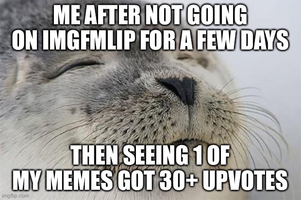 42 to be exact :) | ME AFTER NOT GOING ON IMGFMLIP FOR A FEW DAYS; THEN SEEING 1 OF MY MEMES GOT 30+ UPVOTES | image tagged in memes,satisfied seal,meme,42,nice,upvotes | made w/ Imgflip meme maker