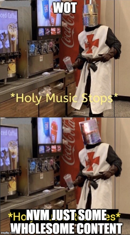 WOT NVM JUST SOME WHOLESOME CONTENT | image tagged in holy music stops,holy music resumes | made w/ Imgflip meme maker