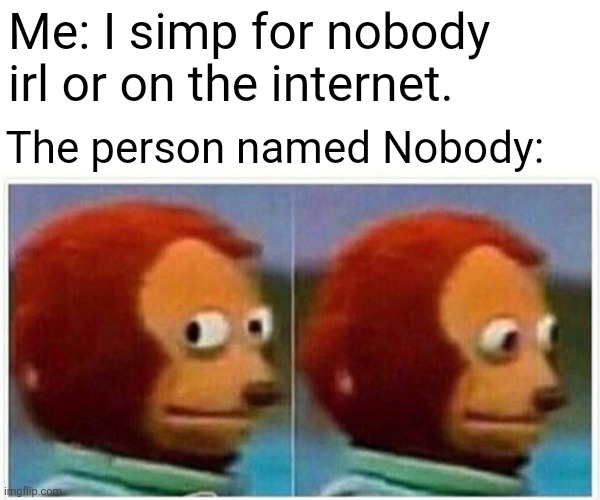 Nobody |  Me: I simp for nobody irl or on the internet. The person named Nobody: | image tagged in memes,monkey puppet,funny,blank white template,simp,nobody | made w/ Imgflip meme maker
