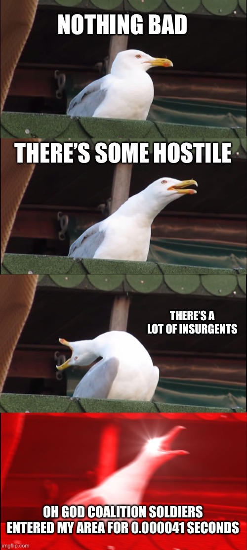 Inhaling Seagull | NOTHING BAD; THERE’S SOME HOSTILE; THERE’S A LOT OF INSURGENTS; OH GOD COALITION SOLDIERS ENTERED MY AREA FOR 0.000041 SECONDS | image tagged in memes,inhaling seagull,rebel inc,rebel,gaming,inc | made w/ Imgflip meme maker