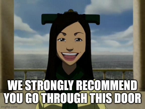 There is no war in Ba Sing Se | WE STRONGLY RECOMMEND YOU GO THROUGH THIS DOOR | image tagged in there is no war in ba sing se | made w/ Imgflip meme maker