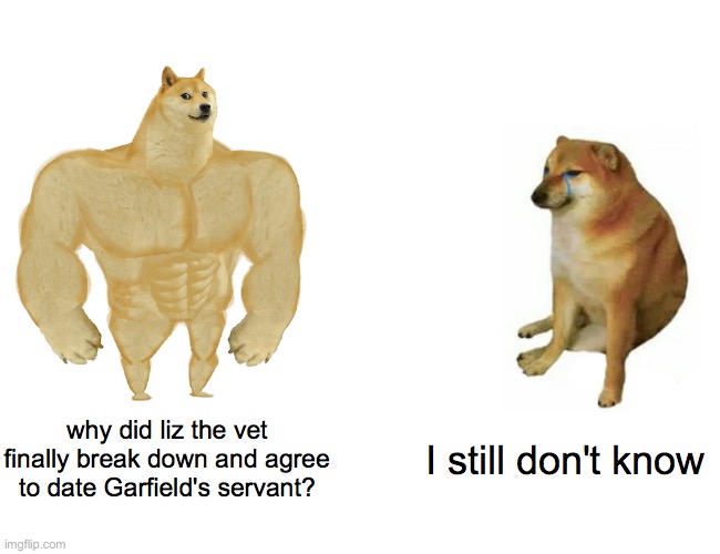 Garfield's vet installed cameras in the bathroom | why did liz the vet finally break down and agree to date Garfield's servant? I still don't know | image tagged in memes,buff doge vs cheems | made w/ Imgflip meme maker