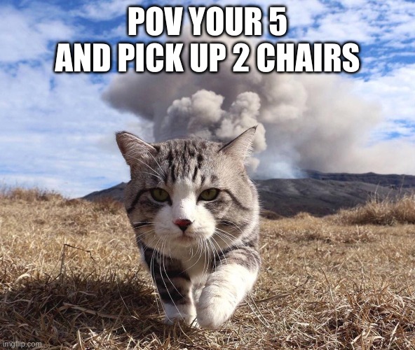 cat smoke | POV YOUR 5 AND PICK UP 2 CHAIRS | image tagged in cat smoke | made w/ Imgflip meme maker