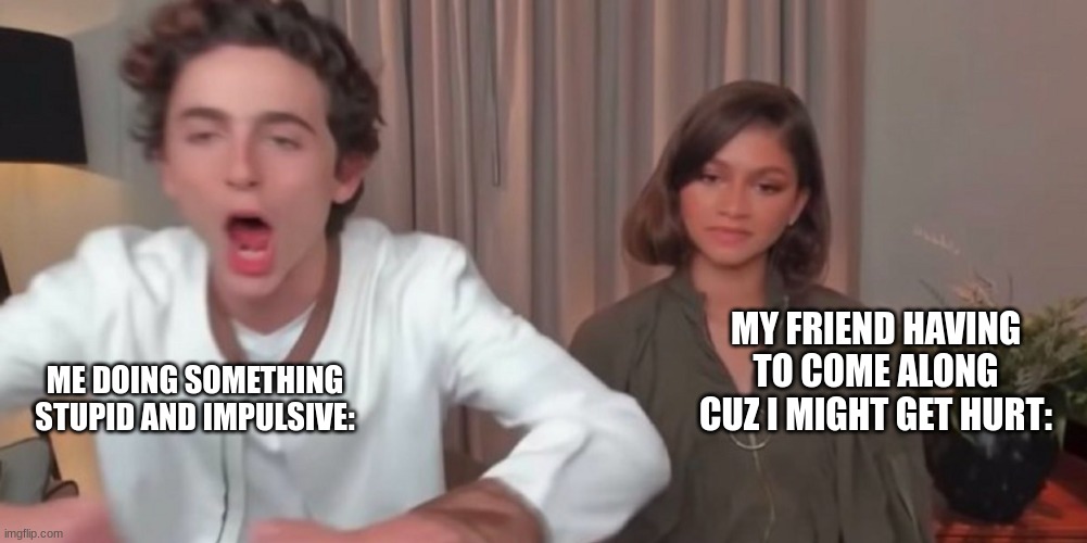 timothee chalamet and zendaya interview memes | MY FRIEND HAVING TO COME ALONG CUZ I MIGHT GET HURT:; ME DOING SOMETHING STUPID AND IMPULSIVE: | image tagged in timothee chalamet and zendaya interview meme | made w/ Imgflip meme maker