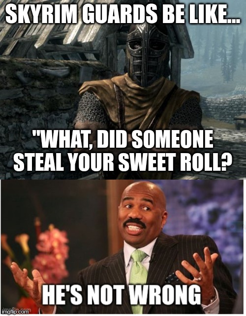 SKYRIM GUARDS BE LIKE... "WHAT, DID SOMEONE STEAL YOUR SWEET ROLL? | image tagged in skyrim guards be like,well he's not 'wrong' | made w/ Imgflip meme maker