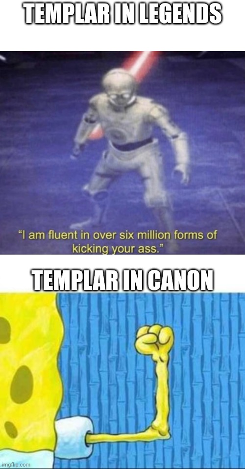 TEMPLAR IN LEGENDS; TEMPLAR IN CANON | image tagged in i am fluent in over six million forms of kicking your ass,weak | made w/ Imgflip meme maker